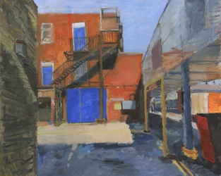Bâtiment avec 3 portes bleues, 2024 (acrylique sur toile)