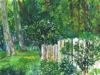 Jardin et zone humide (aquarelle, crayon aquarelle et graphite sur papier)