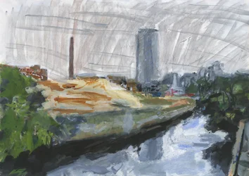 River Wandle and Ram Brewery redevelopment site, Wandsworth, 2025 (acrylique, stylos à peinture acrylique, stylos à encre de Chine, stylos à encre à base d