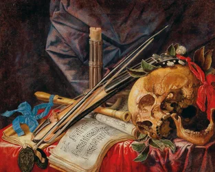 Nature morte de vanité avec alto, clarinette, crâne, partitions et bougie