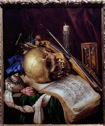 Vanité avec crâne, partition, instruments de musique, coquillages et sablier. 1650. Dimensions : 0,52 x 0,44 m. Marseille, Musée des Beaux-Arts