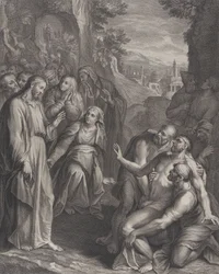 La résurrection de Lazare, avec le Christ debout à gauche