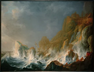 Naufrage dans une tempête en mer sur une côte rocheuse