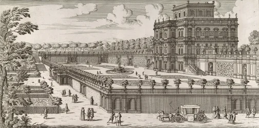 Vue de la façade latérale du Palazzo Pamphili et de son jardin Secondo prospetto pe..., après 1677