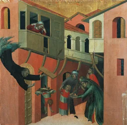 Le miracle du bébé tombé du balcon, détail du retable intitulé « Le bienheureux Agostino Novello et les histoires de sa vie », vers 1330, par Simone Martini (1283-1344), 200x256 cm