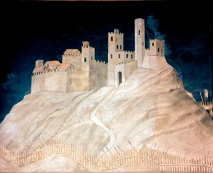 Vue du château de Montemassi en Maremme en 1328. Fresque de Simone Martini (vers 1284-1344)