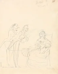 Deux gentilshommes parlant à une dame assise