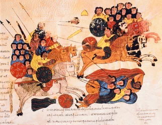 Bataille entre les Hébreux et les Philistins, de la Bible wisigothique-mozarabe de Saint Isidore, fol.119r., A.D. 960