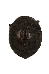 Flasque à poudre en noix de coco sculptée, coloniale espagnole, vers 1800