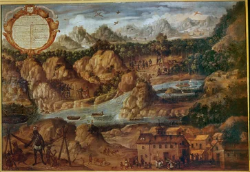 Conquête des pays indiens du Paraguay, montrant le paysage, les rivières et une nouvelle église espagnole ...
