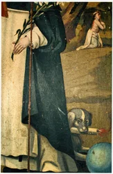 Détail montrant le lys, le bâton et le chien avec une torche, attributions de Saint Dominique