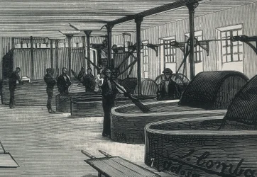Économie (19ème siècle). Usine de papier en Espagne La Guipuzcoana. Salle des cylindres et blanchisseuse de l