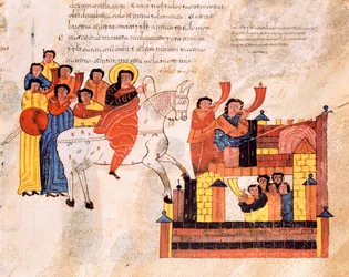 Entrée du roi David à Jérusalem au son des trompettes, de la Bible wisigothique-mozarabe de saint Isidore, fol. 135r., 960 apr. J.-C.