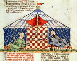Deux arabes jouant aux échecs dans une tente, du Livre des Jeux, Échecs, Dés et Plateaux, 1282
