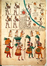 Page du Codex Mendoza montrant des guerriers aztèques armés de lances et de boucliers, v. 1541-42