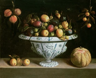 Nature morte de fruits dans un bol bleu et blanc, vers 1630