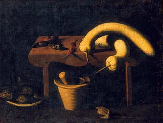 Nature morte avec poivrons et citrouilles sur un banc avec un mortier et un pilon et des oiseaux morts (vers 1620)