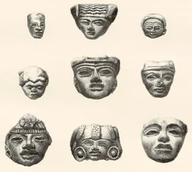 Têtes et masques en pierre trouvés à Teotihuacan, Mexique par Désiré Charnay lors de son expédition en 1880-1883