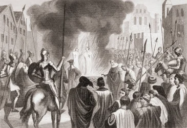 Templiers brûlés sur le bûcher (litho)