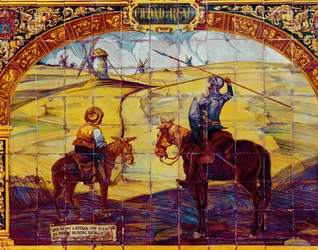 Carreaux représentant Don Quichotte et Sancho Panza se préparant à attaquer les moulins à vent