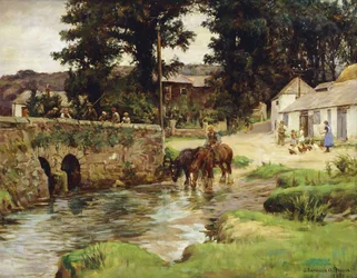 Abreuvant les chevaux dans le ruisseau du village