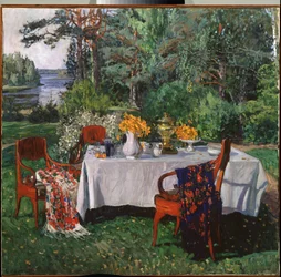 Devant la terrasse. Peinture de Stanislav Yulianovich Zhukovsky (Joukovski) (1873-1944), huile sur toile