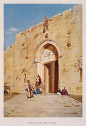 Aquarelle de Stanley Inchbold, représentant la porte du roi David ou porte de Sion, à Jérusalem, Palestine 1906