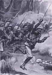 Charge britannique contre les Ashantis à Amoaful, 31 janvier 1874, illustration de British Battles on Land and Sea, 1915