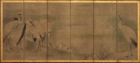Grues et chrysanthèmes, période Momoyama ou Edo, 1568-1868