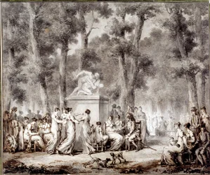 Vue de la terrasse des Tuileries en 1807. Sortie mondiale au parc. Dessin de Jean Pierre Norblin De La Gourdaine (1745-1830)