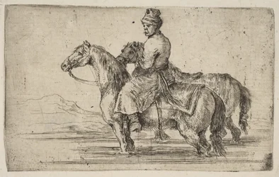 Un palefrenier polonais baignant des chevaux