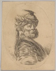 Un homme turc avec une barbe et un turban avec une longue plume devant, tourné trois quarts..., 1650