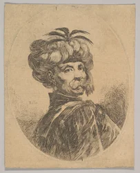 Un homme turc moustachu, portant un turban décoré de cinq plumes d’aigrette, tourné..., 1650