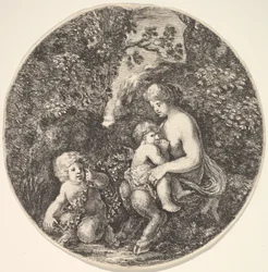 Une satyre allaitant un enfant à droite, tournée vers la gauche, un enfant satyre...