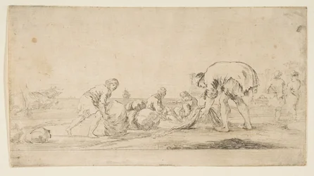 Un pêcheur ramenant ses filets, un homme à gauche poussant une balle à droite, deux assis..., vers 1662