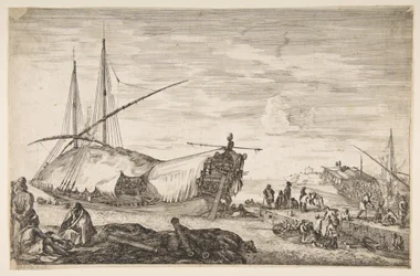 Une galère couverte de voiles à gauche, six canons et quatre personnes au premier plan à gauche, 1655