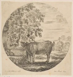 Une paysanne avec une vache à une fontaine décorée des armes des Médicis