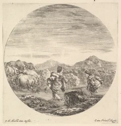 Une femme portant un enfant au centre, vue de dos, une autre femme à droite, faisant face, vers 1643-48
