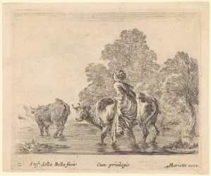 Paysanne traversant une rivière avec deux vaches