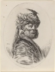 Maure barbu au turban orné de plumes et avec un voile, tourné vers la droite