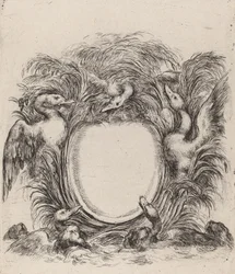 Cartouche avec des canards et des chiens