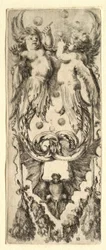 Putti soufflant des bulles, chauve-souris et guirlande