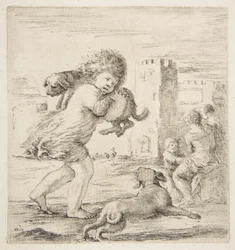 Enfant portant un chiot sur son épaule, vers 1662