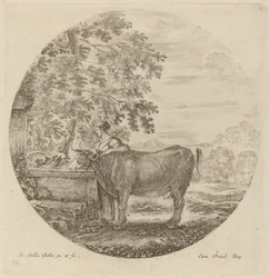Vache et jeune berger à une fontaine