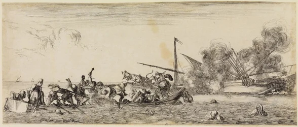 Paix et guerre (Et pace et bello) : bataille navale avec une barque à rames au premier plan