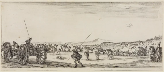 La paix et la guerre (Et pace et bello) : des rangées de canons et deux soldats équipés de longues lances
