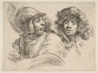 Soldat effrayé et un homme avec un chapeau de fourrure, vers 1652