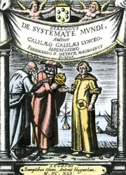 Frontispice du "Dialogo sopra i due massimi sistemi del mondo" de Galilée, publié en 1632 (gravure).