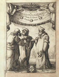Galilée (à gauche) conversant avec Ptolémée (au centre) et Copernic, frontispice illustré du Dialogo sopra i due Massimi Sistemi del Mondo, Tolemaico e Copernicano