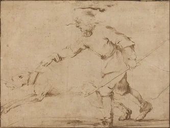 Chasseur avec un chien en laisse